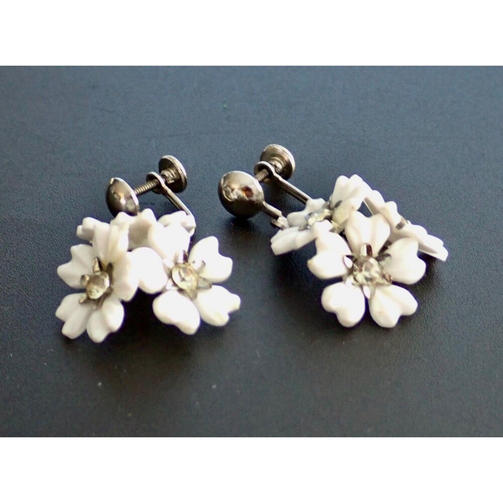 Forget Me Not Flower AB Rhinestone Silver Tone Screw Back Vintage Earrings MCM